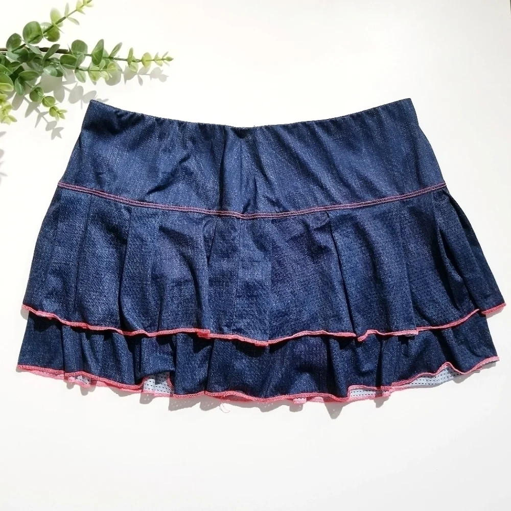 LUCKY IN LOVE Blue Denim Tennis Skirt Skort Gym Athletic Large Golf Pickleball